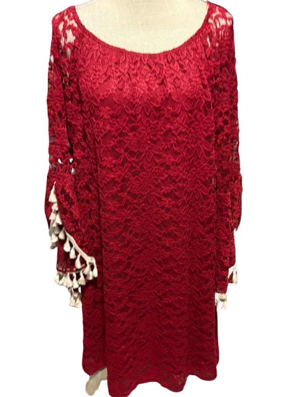 Honeyme Burgundy Lace Boho Mini Dress Bell Sleeve Tassel Trim Cottagecore Sz L